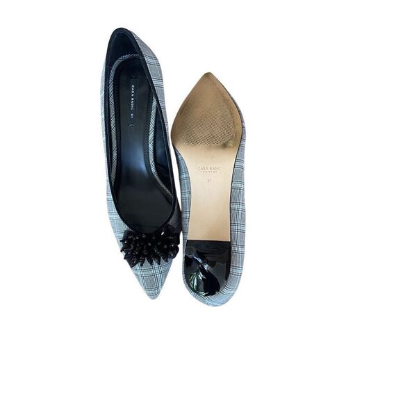 Zara Womens Beaded Flower Plaid Slip On Pointed Toe Kitten Heel Pump Size 41 - Picture 3 of 9